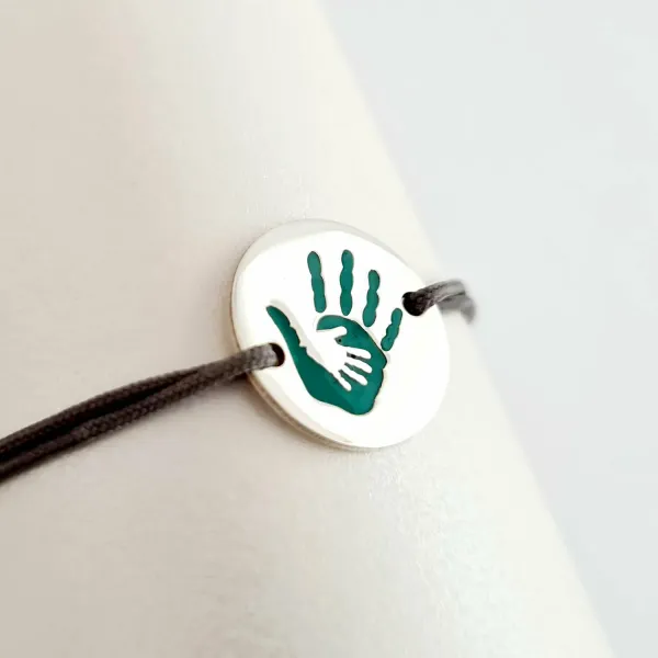 Bratara personalizata - 2 maini unite - Banut de 15 mm decorat cu email - Argint 925 - snur reglabil