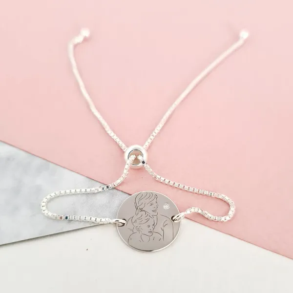 Bratara personalizata cu Diamant natural - In bratele mamei - Lantisor glisant ajustabil - Argint 925