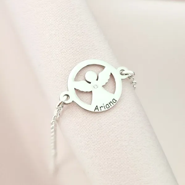 Brățară personalizată cu disc si înger decupat, nume personalizat și Diamant natural – Argint 925 Rodiat - Cu lantisor fata/baiat