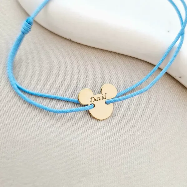 Bratara personalizata cu nume - Forma Cap Soricel - Argint 925 placat cu Aur Galben 18K - snur reglabil