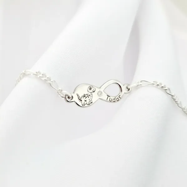 Brățară personalizata cu simbolul infinitului,dinozaur și nume – Diamant natural - Argint 925 Rodiat - Cu lantisor fata/baiat