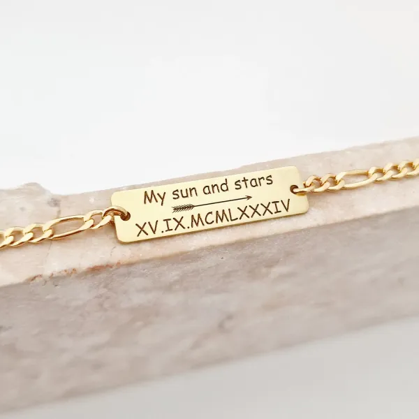 Bratara  personalizata - Placuta cu text personalizat ,, My sun and stars''  - Argint 925 placat cu Aur Glaben 18K - bratara barbati cu lant