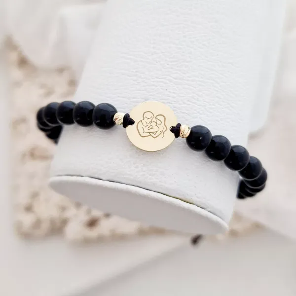 Bratara personalizata - Proaspeti parinti - Banut 12 mm si 2 bilute din Aur Galben 14K - Pietre semipretioase - Inchizatoare snur reglabil