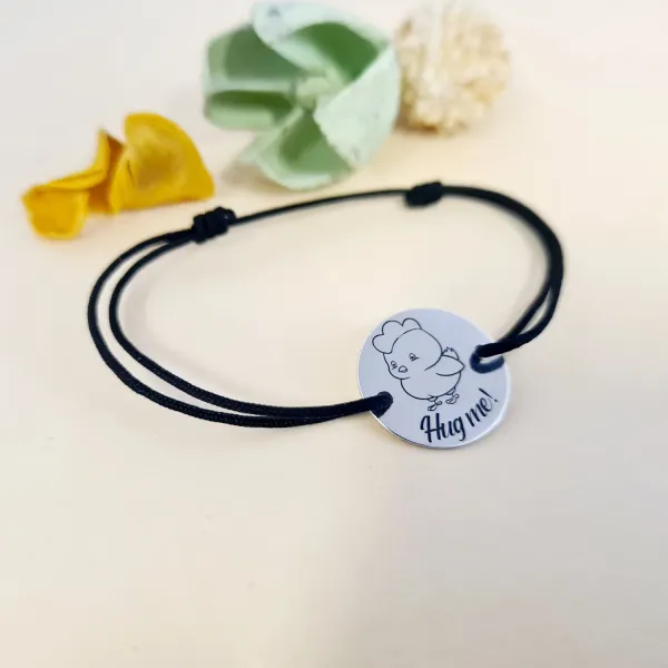 Bratara personalizata - Pui motat - Banut de 15 mm cu snur reglabil - Argint 925