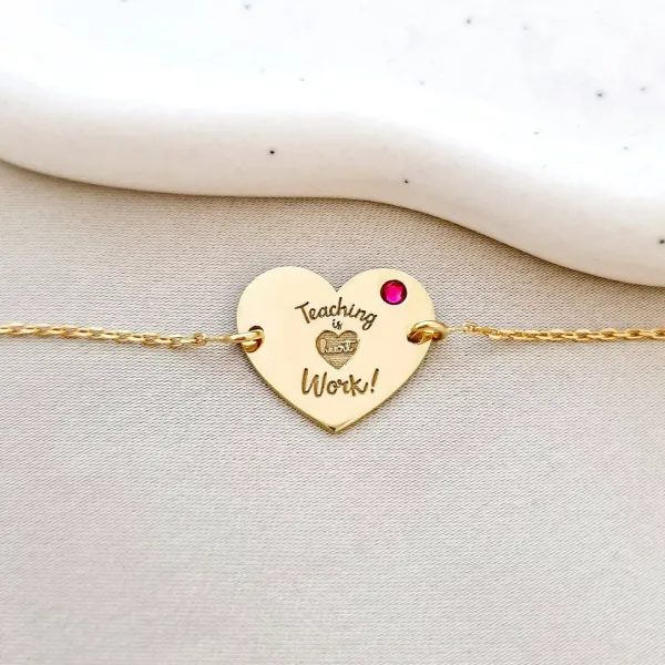 Bratara personalizata - Teaching is heart work - Inimioara - cu lantisor - Argint 925 placat cu Aur Galben 18K - Cristal Swarovski