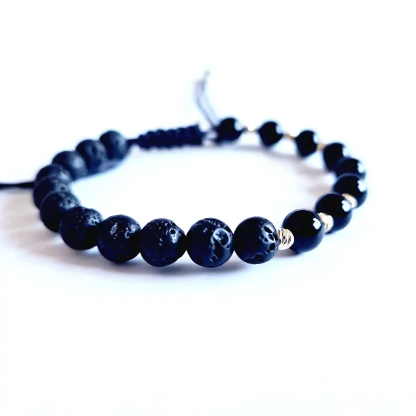 Bratara pietre semipretioase - Lava&Onix si 10 bilute de 3 mm din Aur 14K - Snur negru rezistent si reglabil