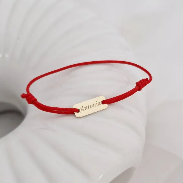 Bratara Placuta cu nume - Aur Galben 14k - snur reglabil rosu bebe