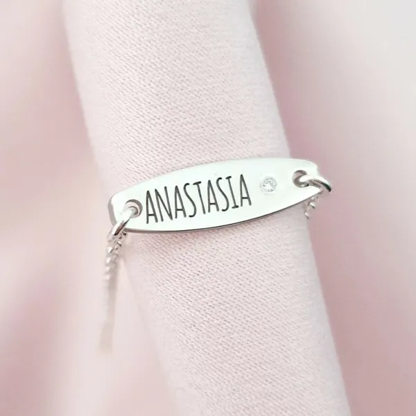 Brățară placuta personalizata cu nume de fetita – Diamant natural - Argint 925 Rodiat - Cu lantisor fata/baiat