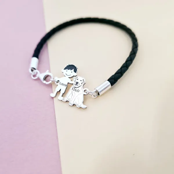 Bratara Unisex cu membri Familiei - baiat si caine labrador - Argint 925 si piele impletita