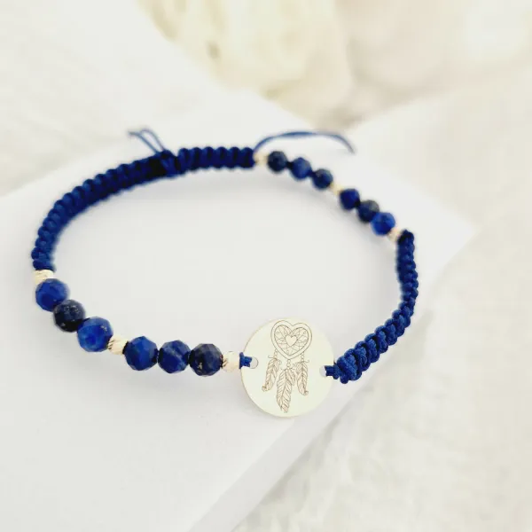 Bratara Vitalitate - Dreamcatcher - Banut si bilute 2.5 mm din Aur 14K - Pietre semipretioase Lapis Lazuli fatetat - Snur albastru impletit