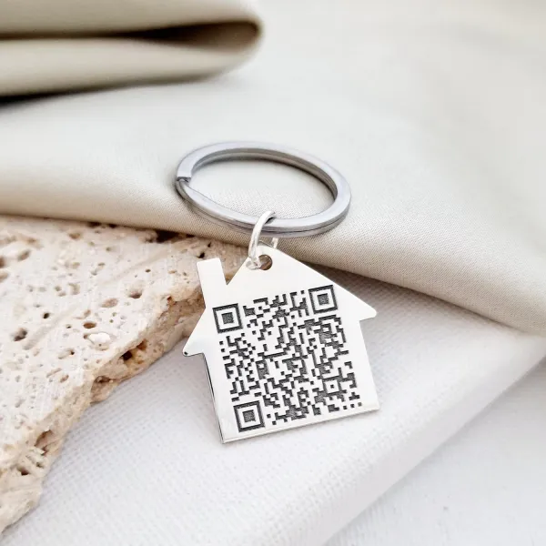 Breloc Casuta personalizat cu QR code - Argint 925, otel inoxidabil