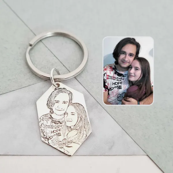 Breloc personalizat cu poza - Amintire dragă - Hexagon 30x18 mm din Argint 925 - Inel otel inoxidabil