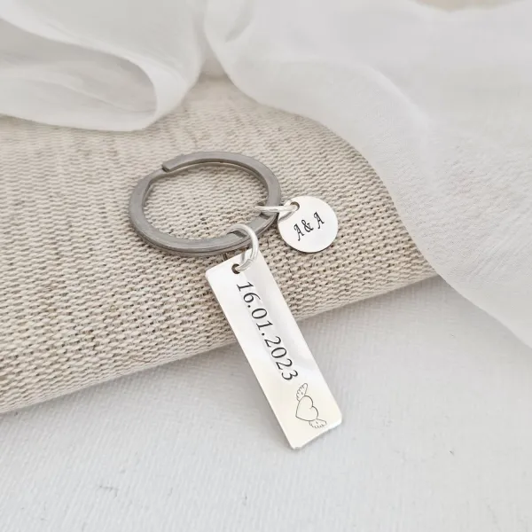 Breloc personalizat - Placuta si banut  - Argint 925 - inel otel inoxidabil