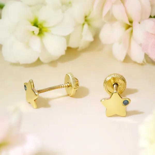 Cercei bebe/fetite cu Diamant natural albastru- Model stelute - Aur Galben 9K - Inchizatoare sigura si confortabila cu filet