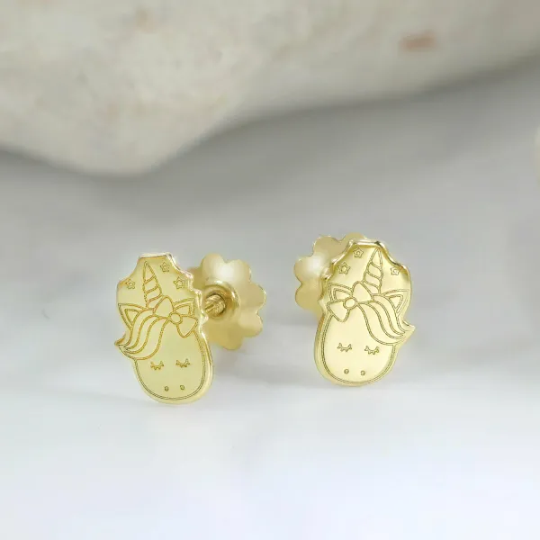 Cercei copii/bebe - Model unicorn - Aur Galben 14K - Inchizatoare sigura si confortabila cu filet