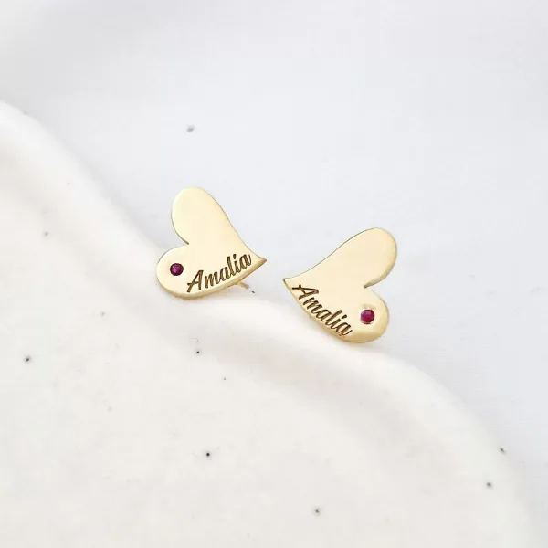 Cercei Inima personalizati -  Argint 925 Placat cu Aur galben 18K - decorati cu rubin