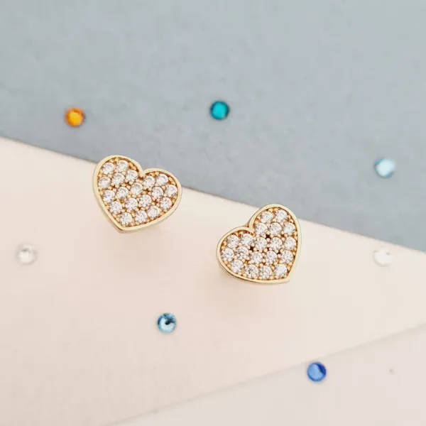 Cercei Inima stralucitoare - Aur Galben 9K decorat cu Zirconii albe - Inchizatoare surub