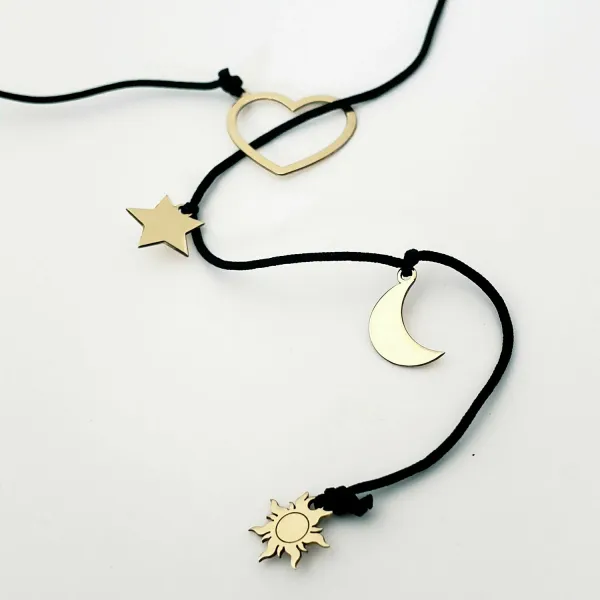 Colier lariat Y - 4 pandantive -  Inima si 3 piese la alegere - Aur Galben 14K - snur negru