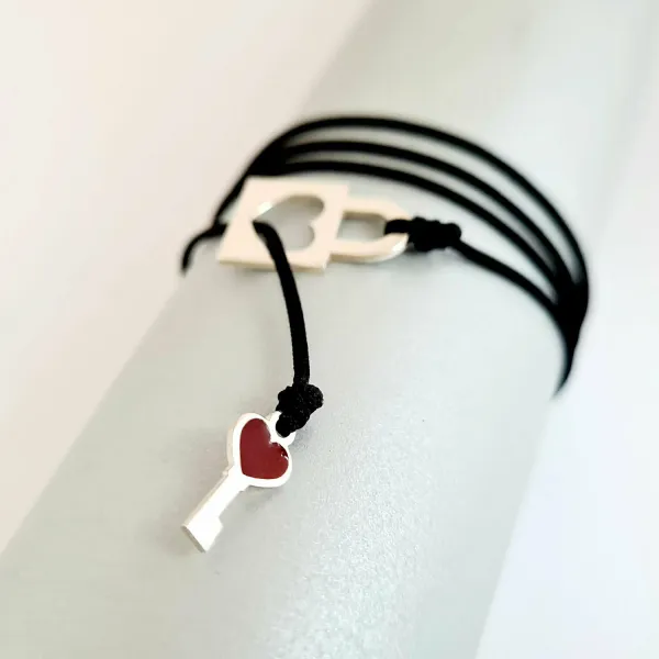 Colier lariat Y - Lacat si cheie decorata cu email colorat -  Argint 925 - Snur negru rezistent