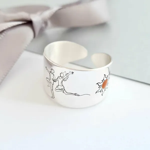 Inel personalizat - Cuplu - Luna si soare decoarete cu email pe laterale - Model lat - Argint 925