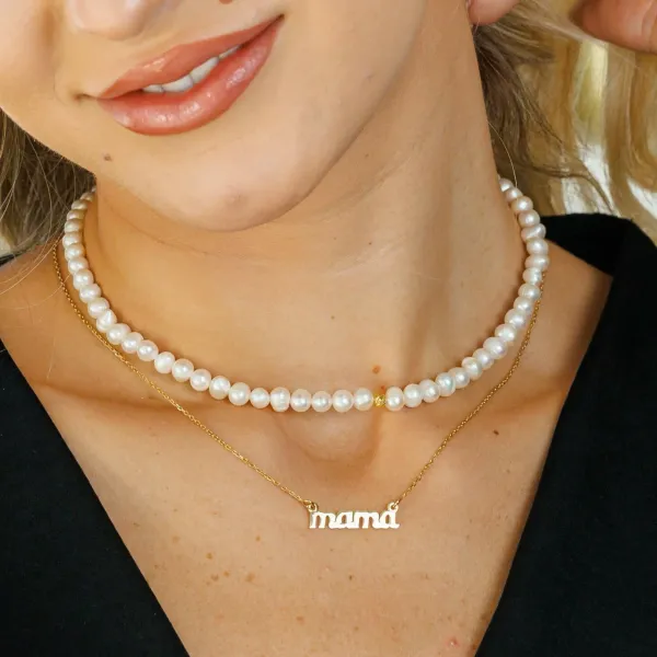 Lantisor cu Perle - Nume melodios - Model 2 straturi cu sirag perle si lantisor cu nume - Argint 925 placat cu Aur Galben 18K