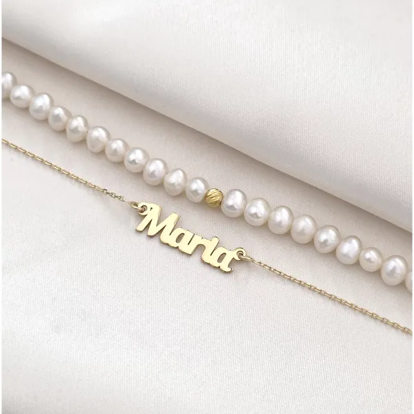 Lantisor cu Perle - Nume melodios - Model 2 straturi cu sirag perle si lantisor cu numele tau - Argint 925 placat cu Aur Galben 18K