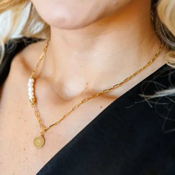 Lantisor cu Perle - Spirala de picaturi - Model 5 perle imbinate cu un lant cu zale - Diamant natural - Argint 925 placat cu Aur Galben 18K