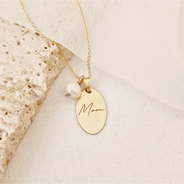Lantisor cu picatura de Perla - Model pandantiv oval MOM - Aur Galben 9K