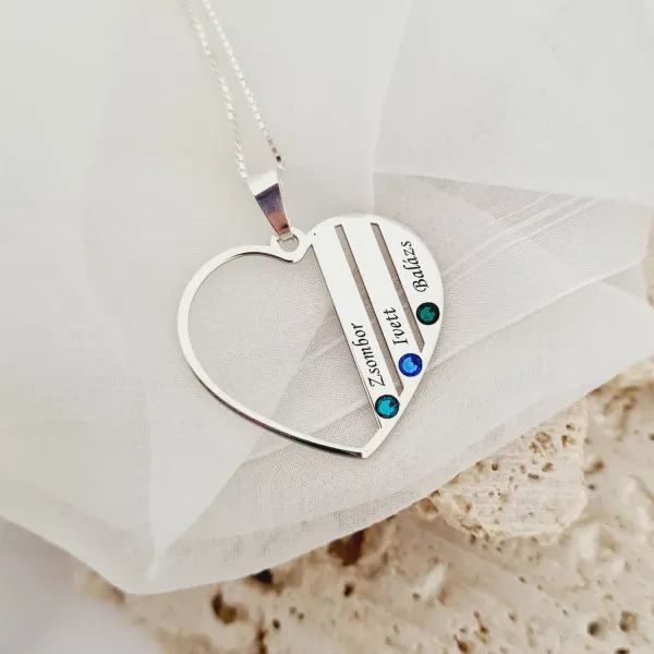 Lantisor Inima familiei - 3 nume si cristale Swarovski - Argint 925
