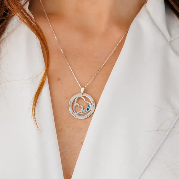 Lantisor Familie unita - Inimi in disc - 4 nume si cristale Swarovski - Argint 925