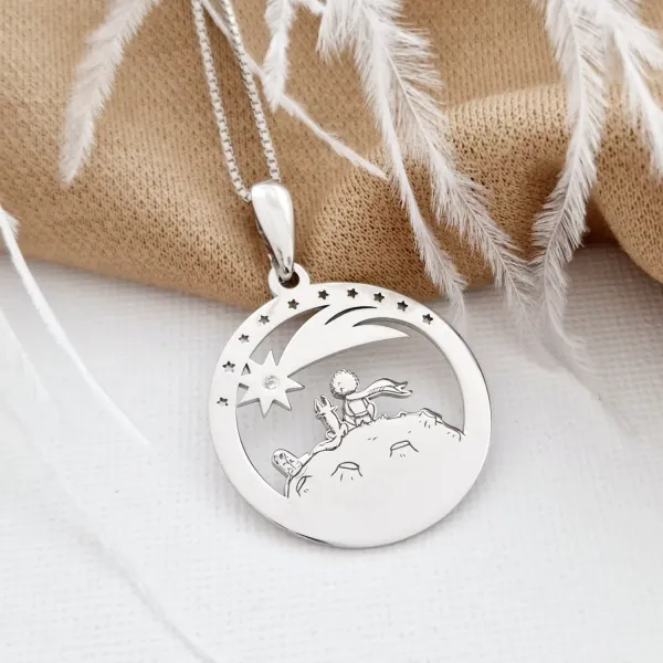 Lantisor personalizat cu Diamant natural - Pandantiv Micul Print vulpea si trandafirul - Argint 925 Rodiat