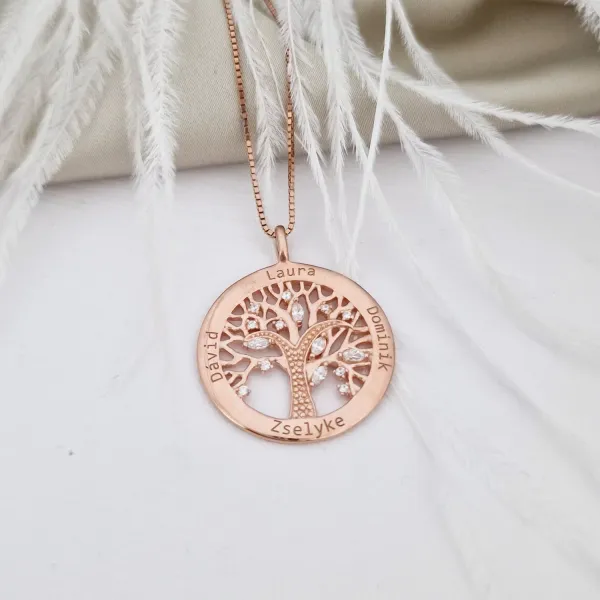 Lantisor personalizat cu nume - Copacul Vietii decorat cu Zirconii albe - Argint 925 placat cu Aur Roz 18K
