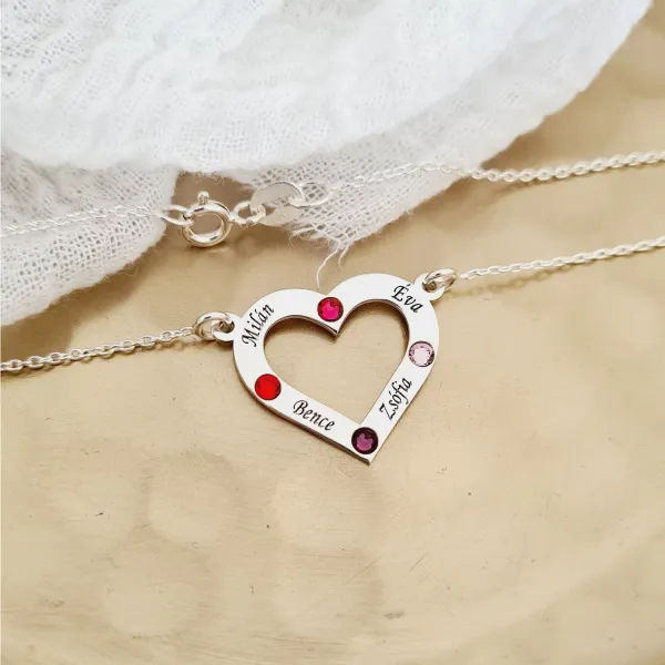 Lantisor personalizat - Iubire nelimitata - Pandantiv inima - 4 nume gravate si cristale Swarovski - Argint 925