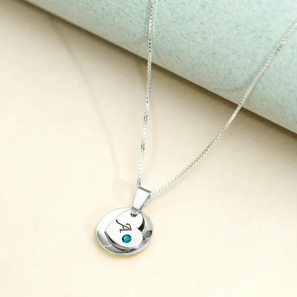 Lantisor personalizat - Pandantiv convex si inima gravata cu cristal Swarovski - Argint 925