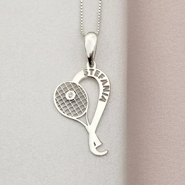 Lantisor Racheta de tenis si minge - nume personalizat  Argint 925 - cu Diamant natural