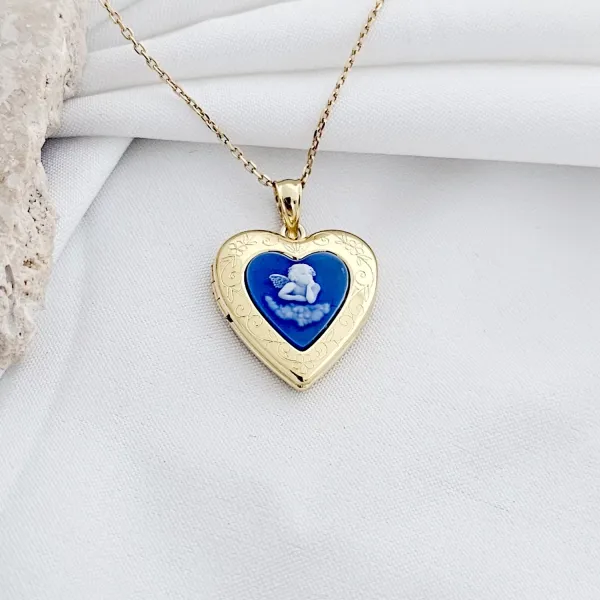 Medalion inima cu poze in interior - Blue Angel - Argint 925 placat cu Aur Galben 18K