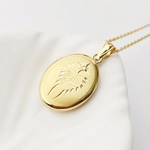 Medalion oval cu poze in interior - Angel Wings Diamond - Argint 925 placat cu Aur Galben 18K