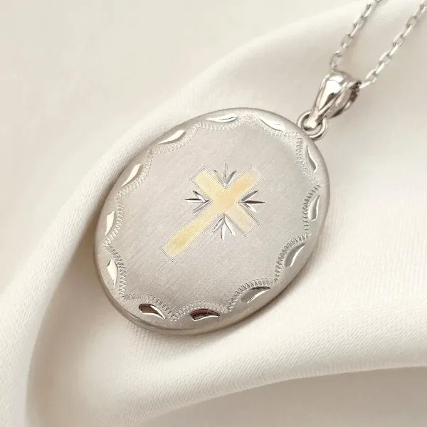 Medalion oval cu poze in interior - Gold Cross - Argint 925 rodiat & cruce placata cu Aur Galben 18K