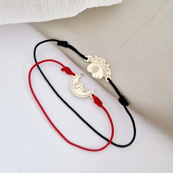 Set 2 bratari - Luna si Soare - modele unite  - Aur Galben 14K - snur reglabil
