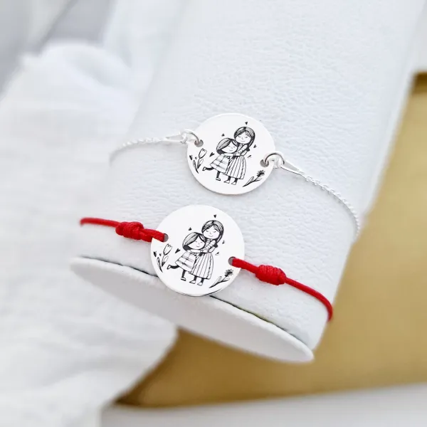 Set 2 bratari personalizate - Mama si fiica - Banuti de 15 mm  - Argint 925 - snur reglabil pentru fiica si lantisor pentru mama