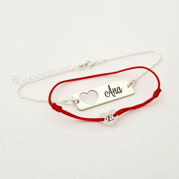 Set 2 bratari personalizate- Placuta cu lantisor - Inimioara decupata cu snur - Argint 925