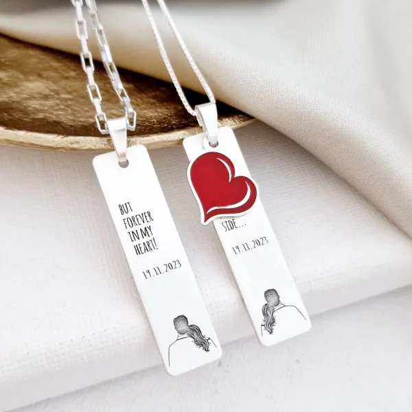 Set lantisoare cu pandantive dreptunghiulare personalizate - El si Ea -  Argint 925 cu finisare aspect mat - Pandantiv inima decorat cu email colorat
