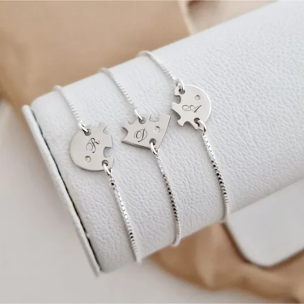 Set 3 bratari cu Diamant natural - Inima puzzle - Pandantive personalizate cu initiale -  Lantisor glisant ajustabil - Argint 925