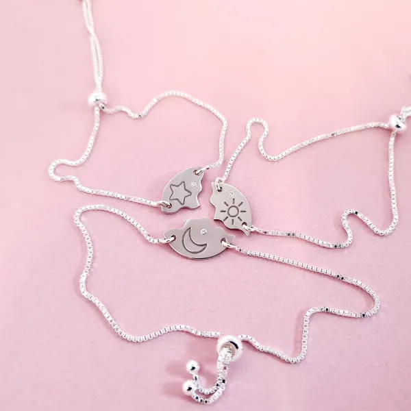Set 3 bratari cu Diamant natural - Pandantive personalizate cu soare, luna si stea - Lantisor glisant ajustabil - Argint 925