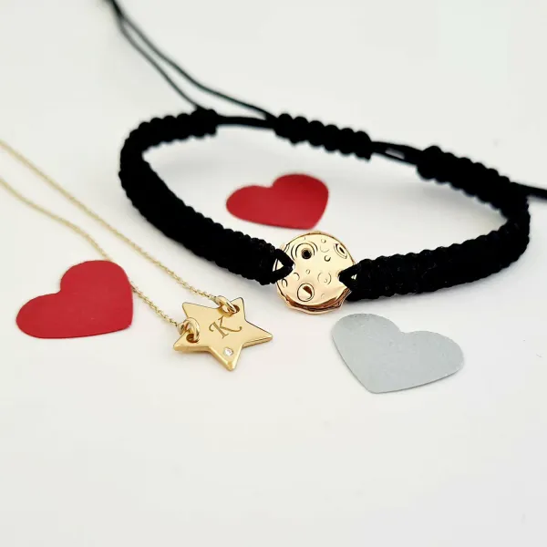 Set lantisor si bratara - Stea si luna plina - cu Diamant natural - Aur Galben 14K