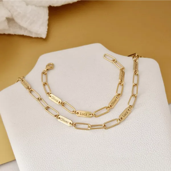 Set lantisor si bratara  TOTUL MEU -  4 placute personalizate si lant din zale mari - Argint 925 placat cu Aur Galben 18K