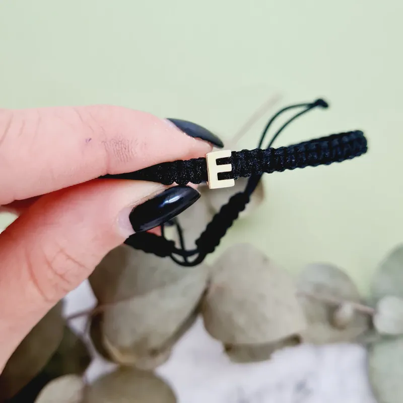 Bratara Initiala Ta pentru barbat - Aur 14K - Snur negru impletit, reglabil picture - 3