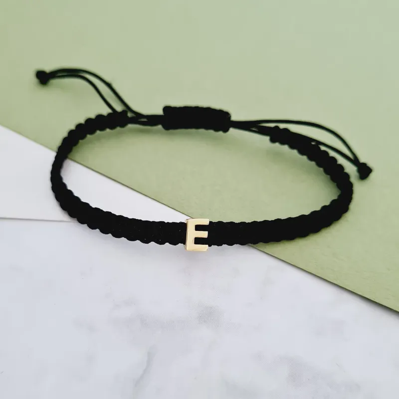 Bratara Initiala Ta pentru barbat - Aur 14K - Snur negru impletit, reglabil picture - 5