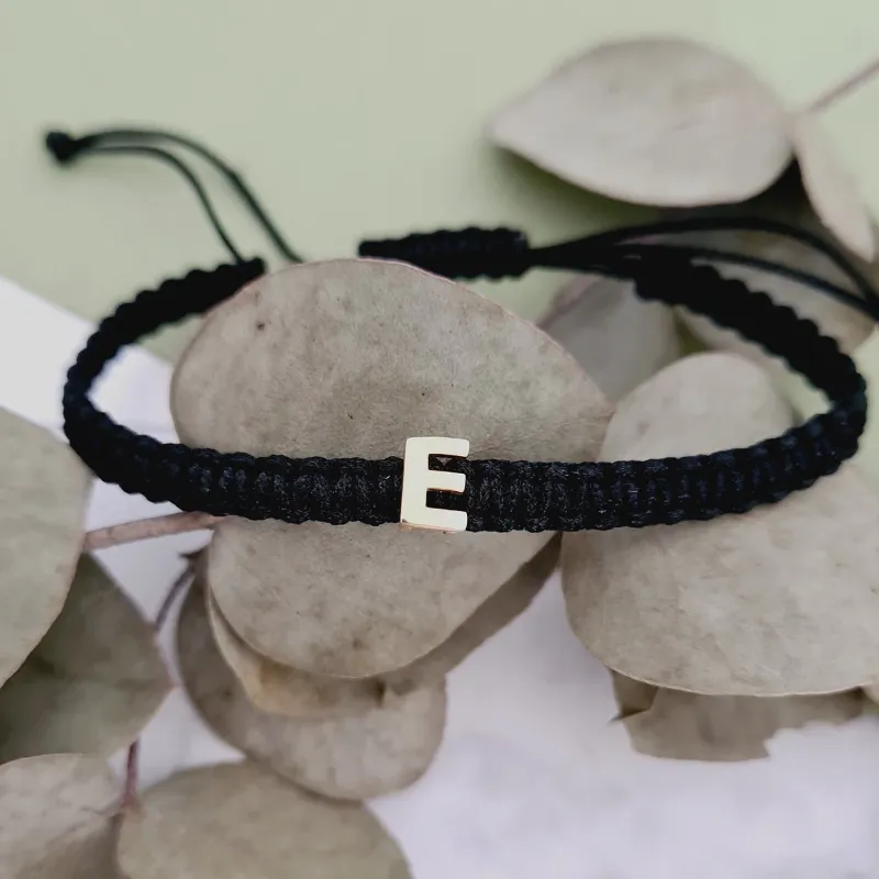 Bratara Initiala Ta pentru barbat - Aur 14K - Snur negru impletit, reglabil picture - 6
