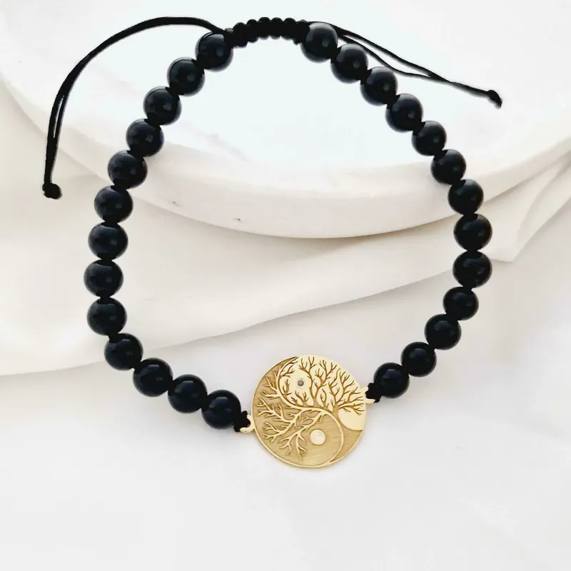 Bratara Arborele Vietii cu Yin&Yang – Argint 925 Placat cu Aur 18K, Onix Negru si Diamante Naturale picture - 2